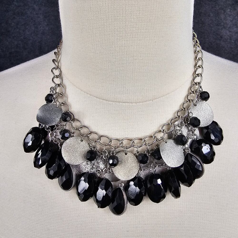 Chunky Statement Bib Necklace Black Faceted Beads Acrylic Silver Tone Adjustable